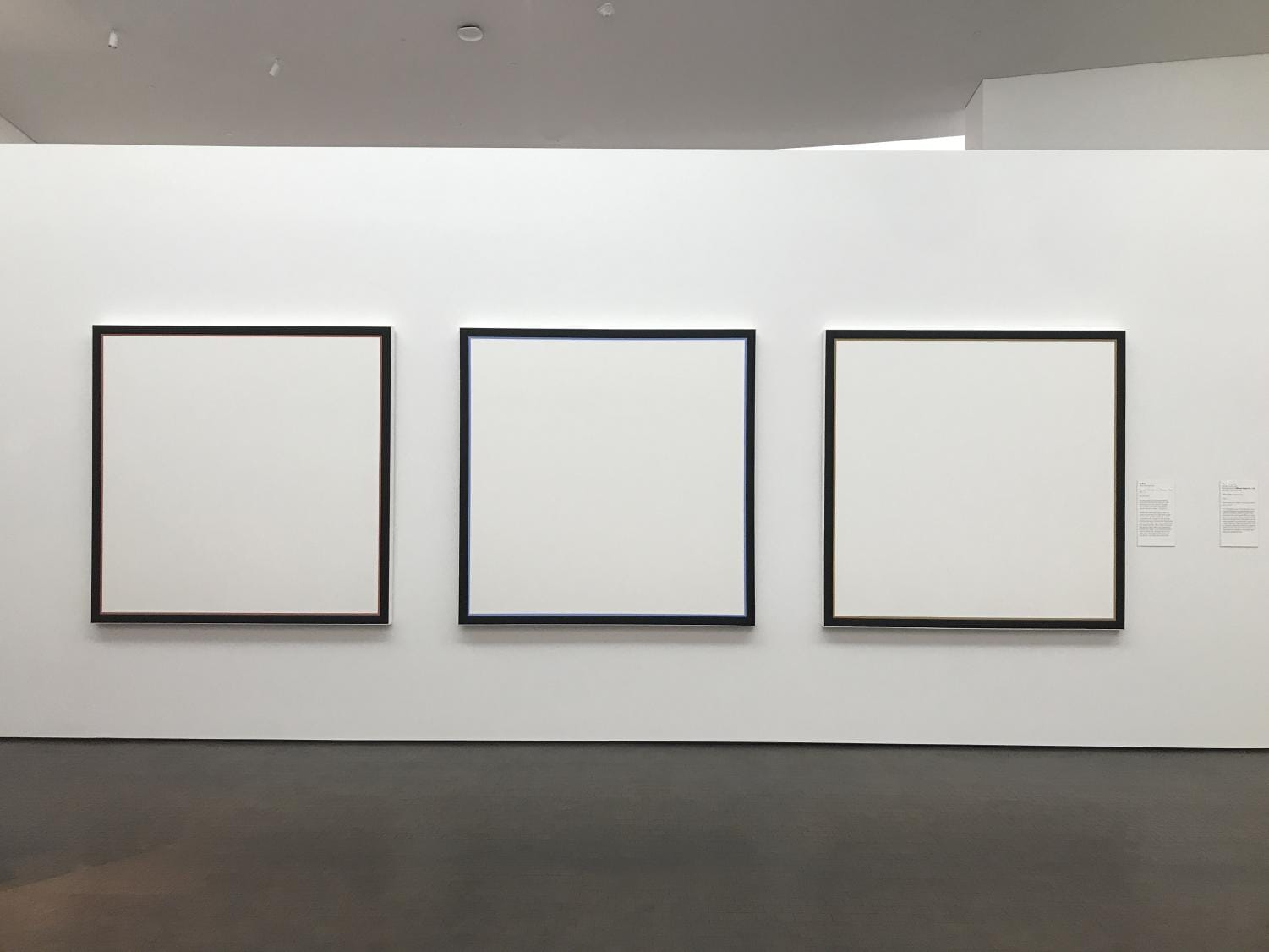 A white gallery wall with three pictures, each square, each totally white with black frames.