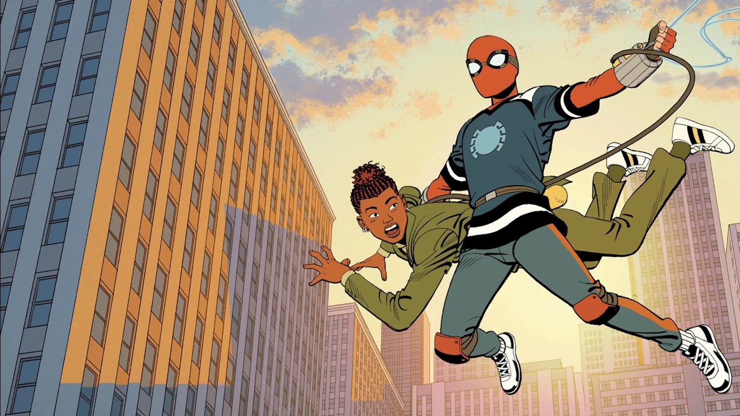 A shot from Your Friendly Neighborhood Spider Man, of Spider-Man in a blue suit, swinging above the city holding Harry Osborn in one arm.