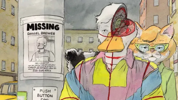 An anthropomorphic duck missing half of its skull, brain exposed. A sign with his picture on it declaring him missing is beside him on a pole.