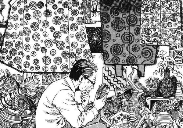 A panel from the comic Uzumaki. A man sits in profile, looking at a spiral of ribbon. Spirals decorate the walls and piles of junk in the room