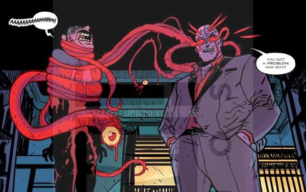A panel from "Weavers". A man in a suit says, "You got a problem, new boy?" as tentacles stretch from his eye to strangle a screaming man.