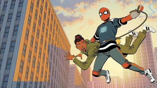 A shot from Your Friendly Neighborhood Spider Man, of Spider-Man in a blue suit, swinging above the city holding Harry Osborn in one arm.