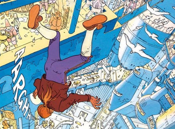 A panel from The Incal of the protagonist falling through a futuristic city.